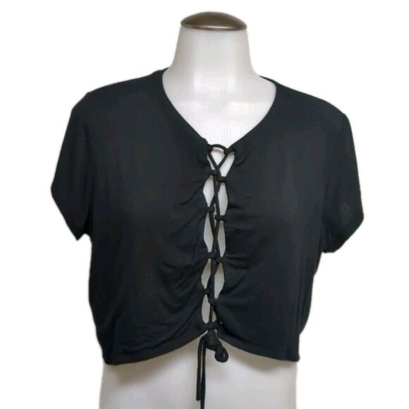 Crop Top Women 2XL Open Front Lace Up Ties Adjustable Short Sleeves Black Plus - Picture 1 of 6